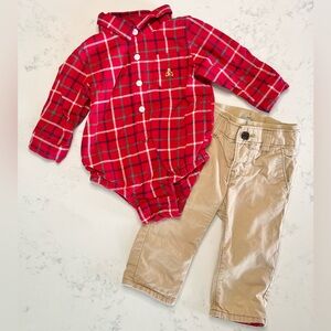 GAP Baby Boy 2-piece Outfit Set, Plaid Long Sleeve Bodysuit & Khakis, 6-12 mo